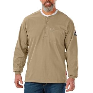 Bulwark FR IQ Series Henley Shirt Mens XL Long Sleeve Tan Cotton Pocket